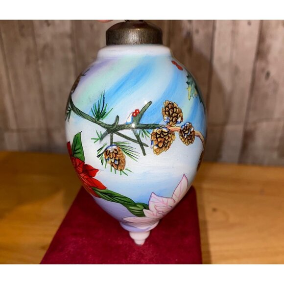 Bent Brush Art Signed Hand-Painted Cardinal Poinsettia Glass Christmas Ornament - Picture 3 of 10